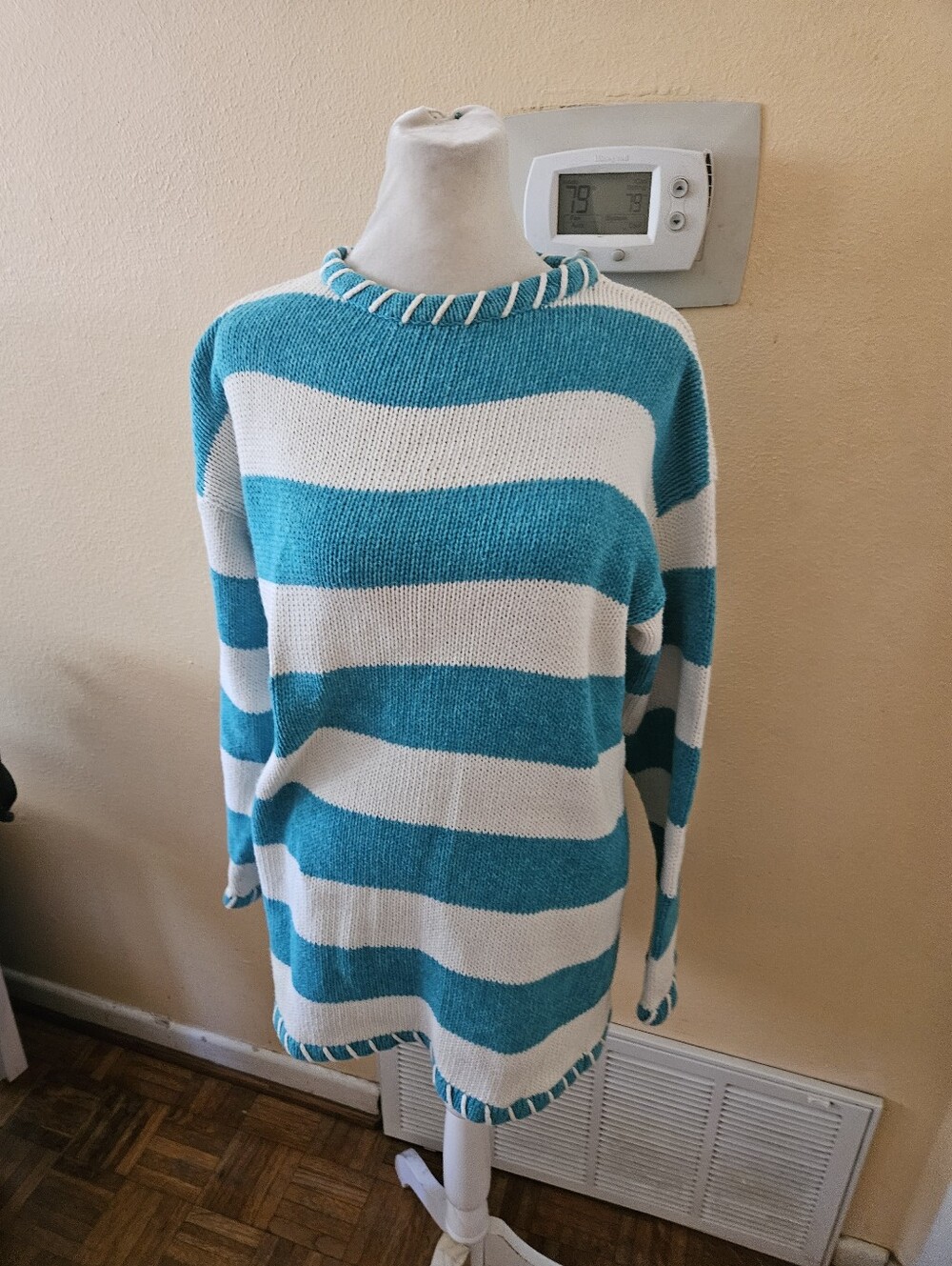Hunt Club Teal and White Striped Crewneck Sweater 80s 90s Vintage Small